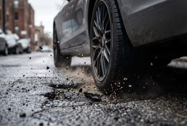 Car wheel hitting a deep pothole on a city street with sparks
