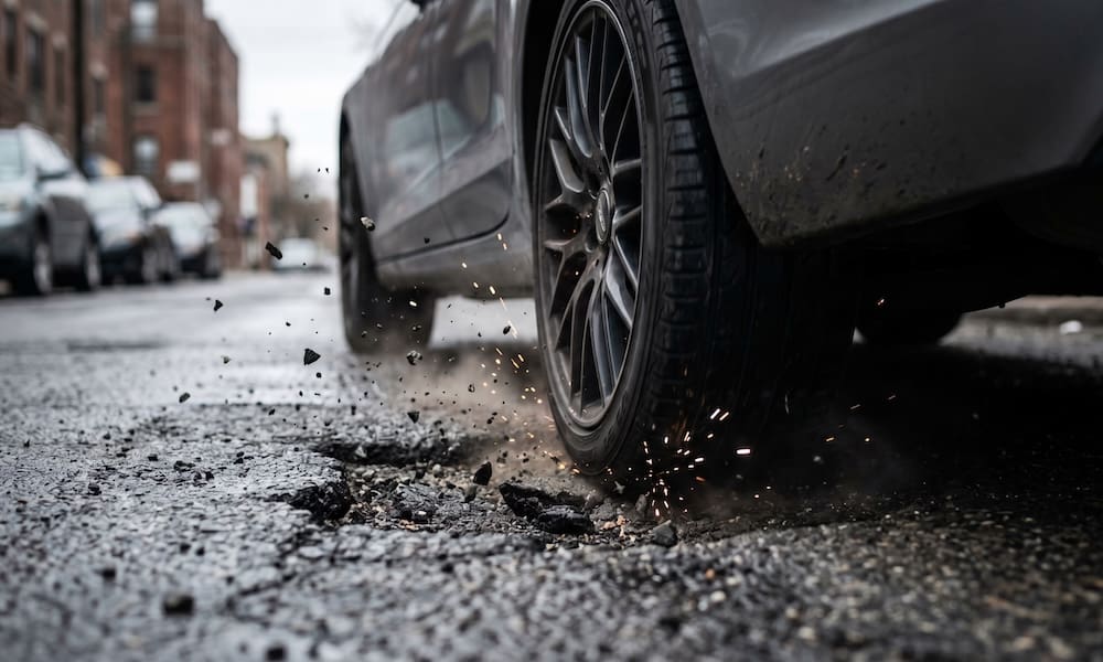 Car wheel hitting a deep pothole on a city street with sparks